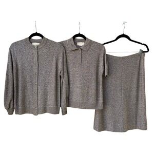 Vivanti Vintage 3 Piece Knit Set Cardigan Polo Top Skirt Brown Tan Womens 14